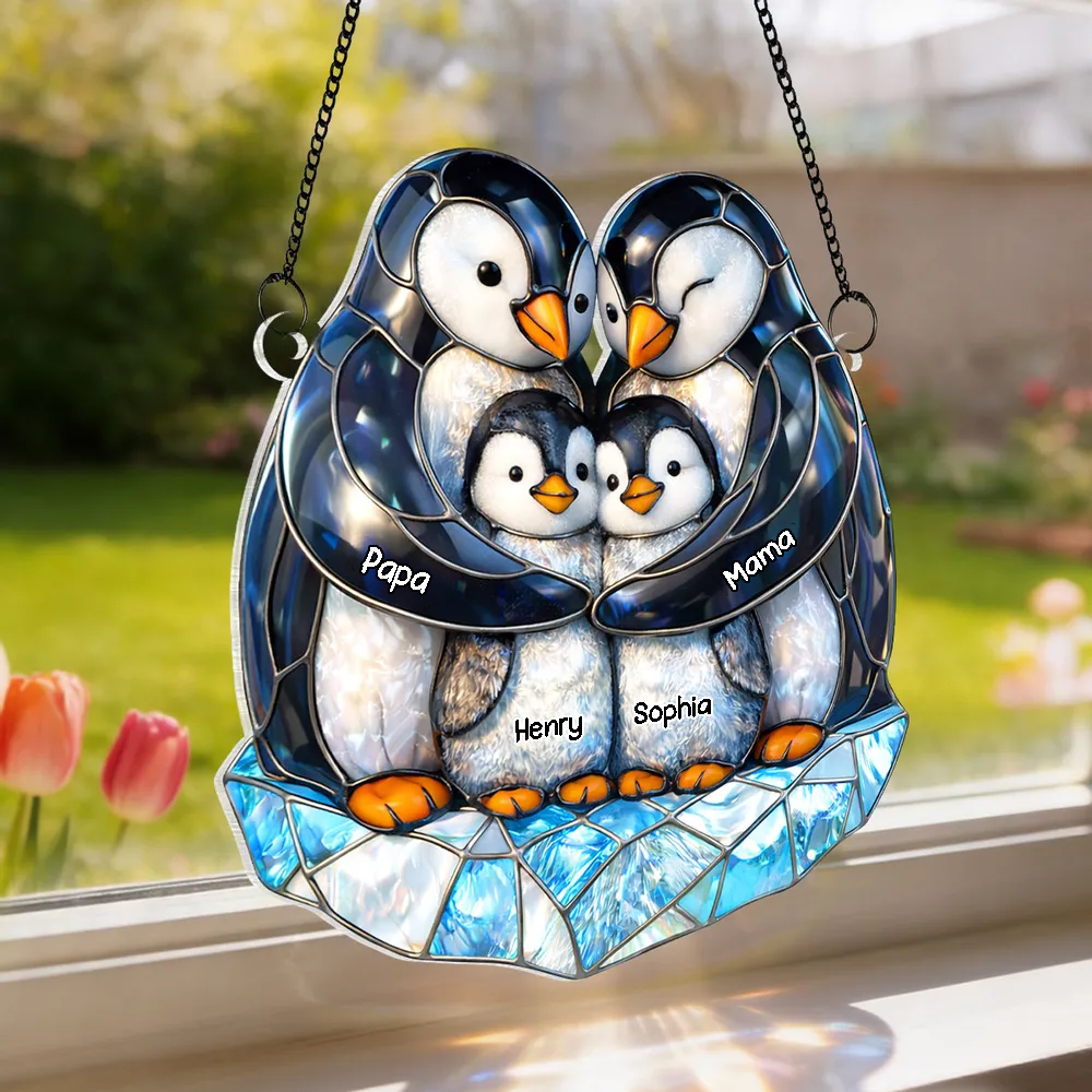 Pinguinfamilie - Sonnenfänger Ornament mit Namen Geschenk für Papa und Mama