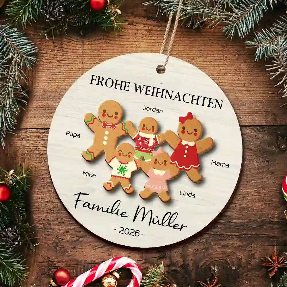 Personalisierter 2-lagiger Holz-Weihnachtsanhänger – Lebkuchenfamilie mit Namen & Text