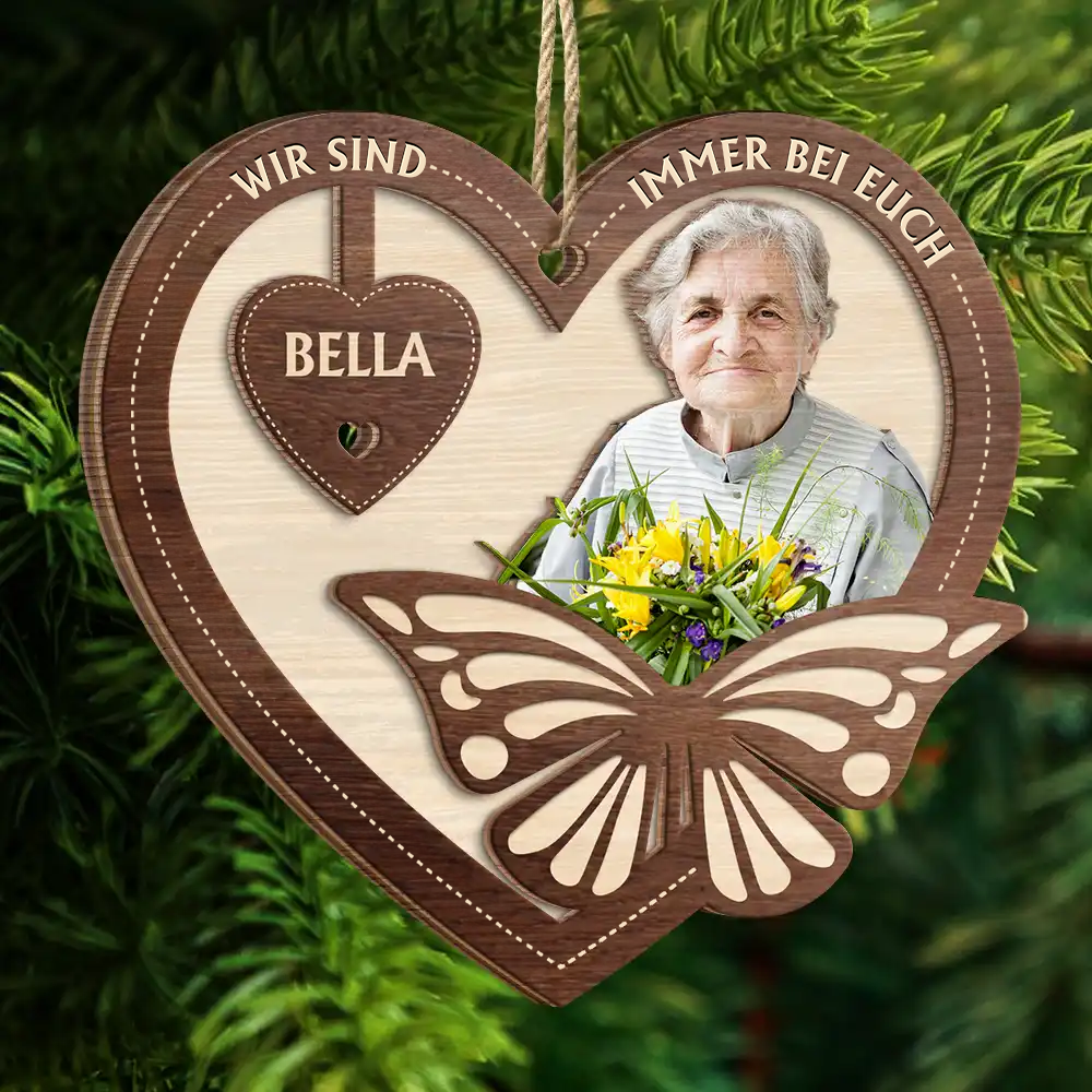 Personalisierter Holz-Weihnachtsanhänger mit Foto – Trauergeschenk mit Schmetterlingsmotiv