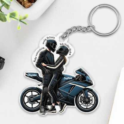 Fahr Vorsichtig - Personalisierter Acryl-Schlüsselanhänger mit Motorradpaar