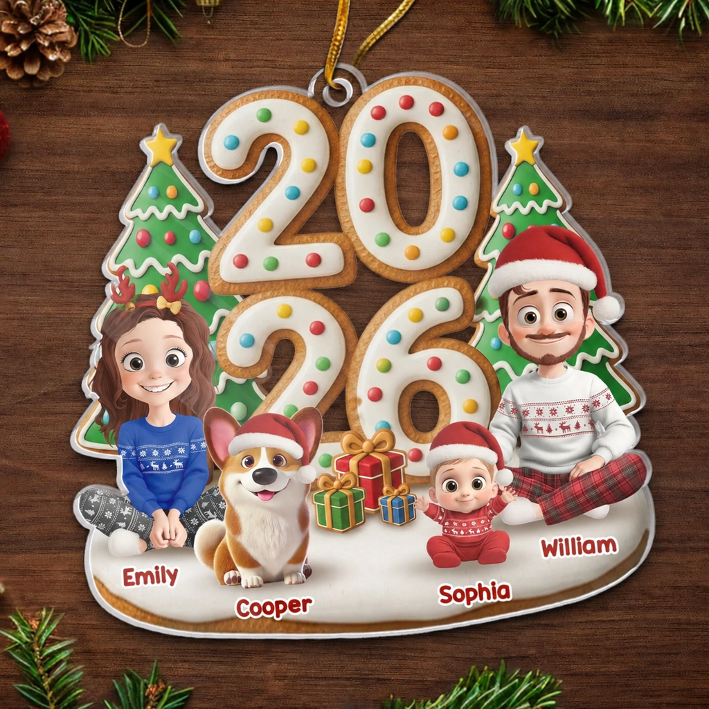 2025 Familie-Eltern mit Kinder, Hund und Katze Acrylornament Christbaumschmuck
