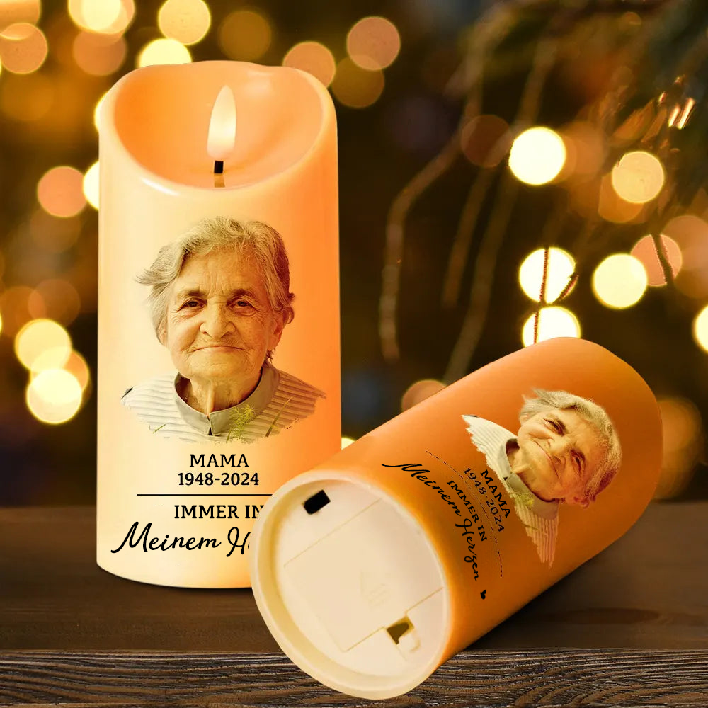 Personalisierte LED-Trauerkerze mit Foto & Spruch – beidseitig bedruckt