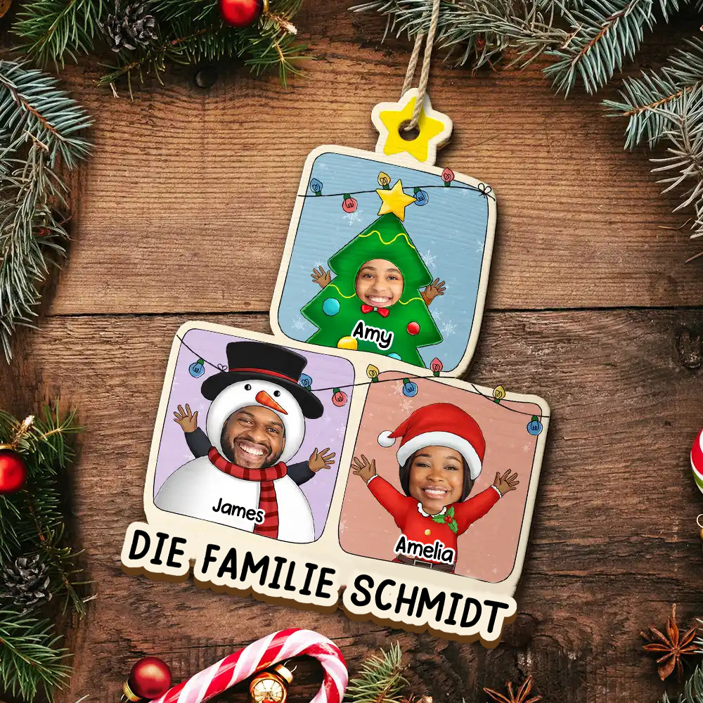 Personalisierter Holz-Weihnachtsanhänger für die Familie – Baummotiv mit Fotos & Text
