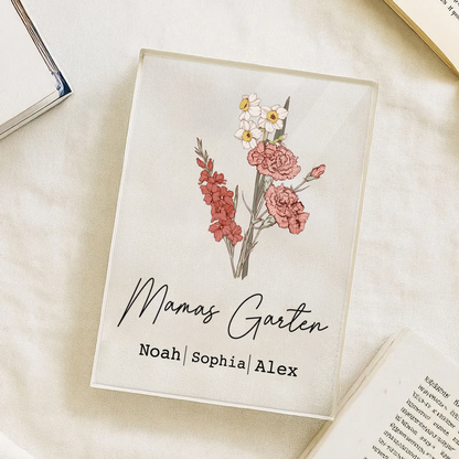 Personalisierter Acrylblock mit Geburtsblumenstrauß, Text und Namen Geschenk für Mama und Oma