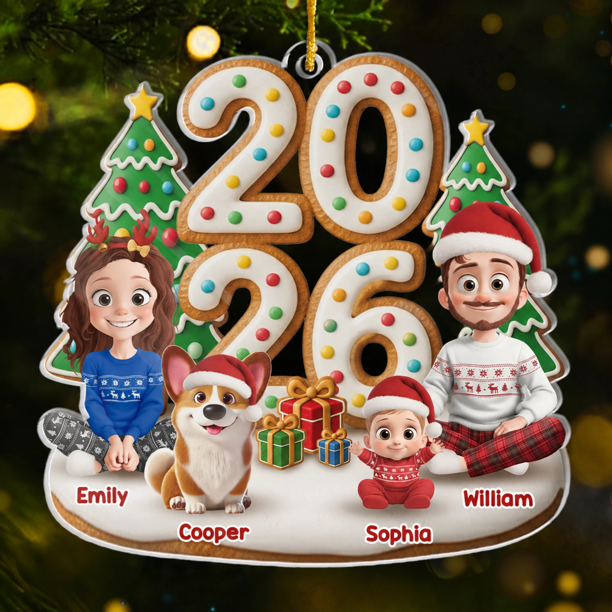 2025 Familie-Eltern mit Kinder, Hund und Katze Acrylornament Christbaumschmuck