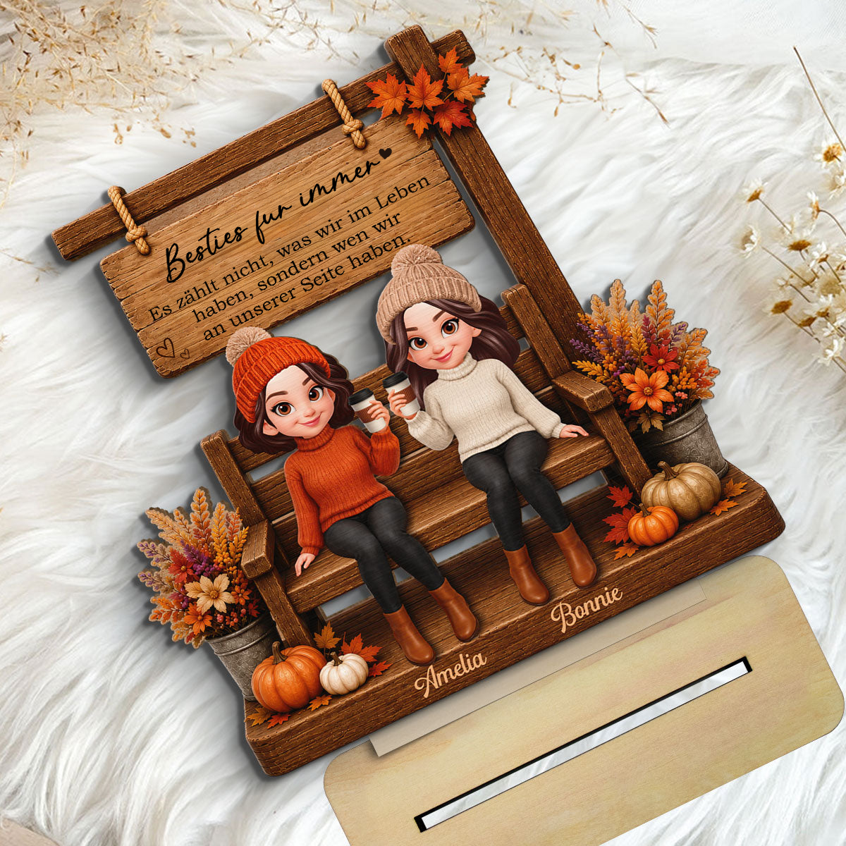 Personalisierter Holzaufsteller für beste Freundinnen & Schwestern – Herbstmotiv