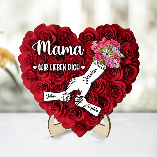 Hand-in-Hand Personalisierter Holzaufsteller mit Rosen Geschenk für Mama und Oma