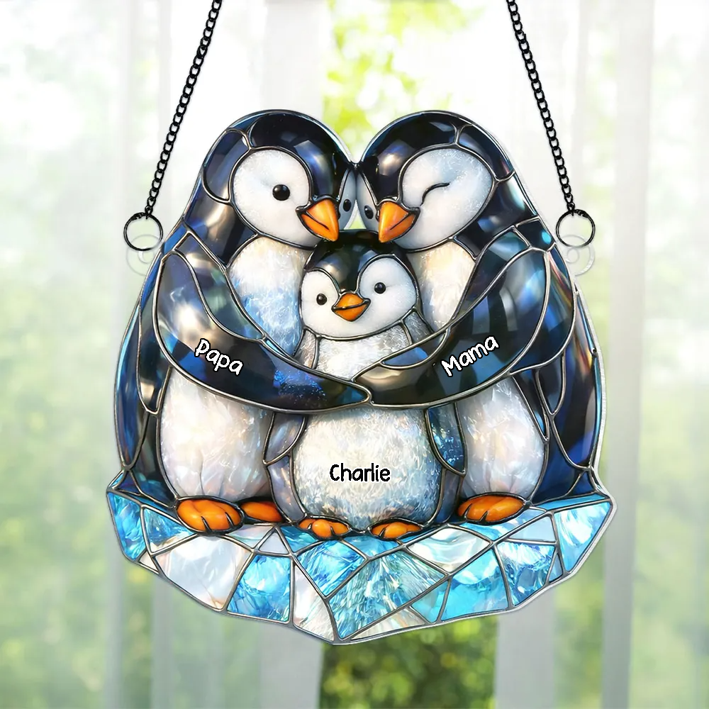 Pinguinfamilie - Sonnenfänger Ornament mit Namen Geschenk für Papa und Mama