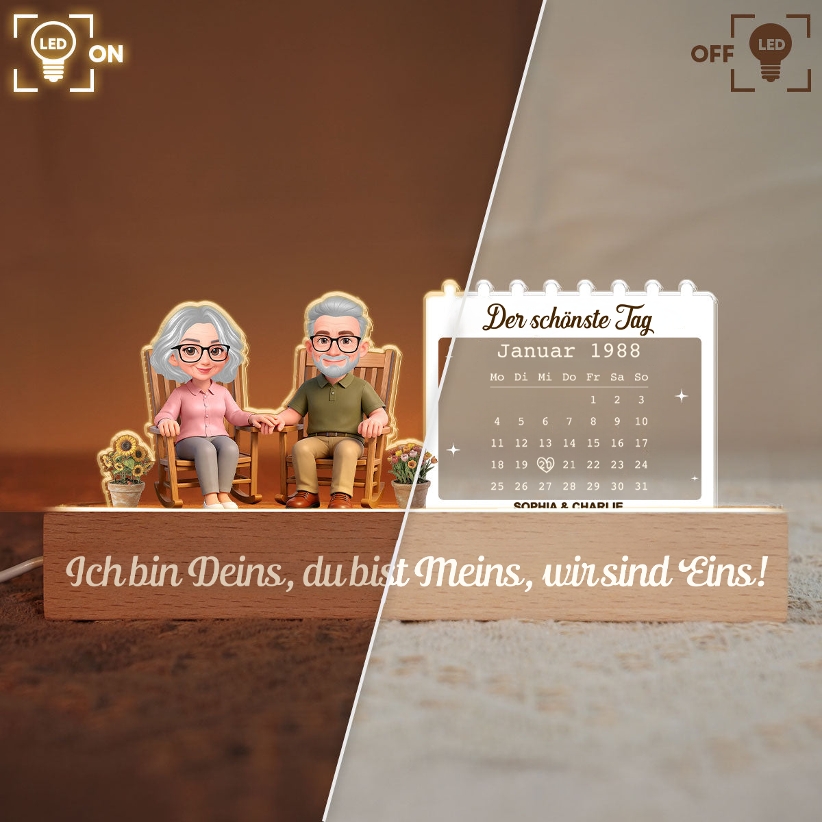 Personalisiertes LED-Nachtlicht mit Paar und Kalendar Geschenk zum Jahrestag