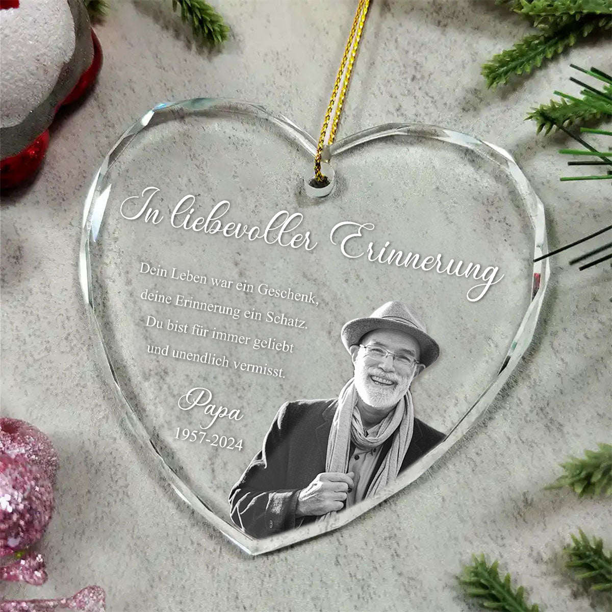 Personalisierter Glas-Weihnachtsanhänger mit Foto – In liebevoller Erinnerung
