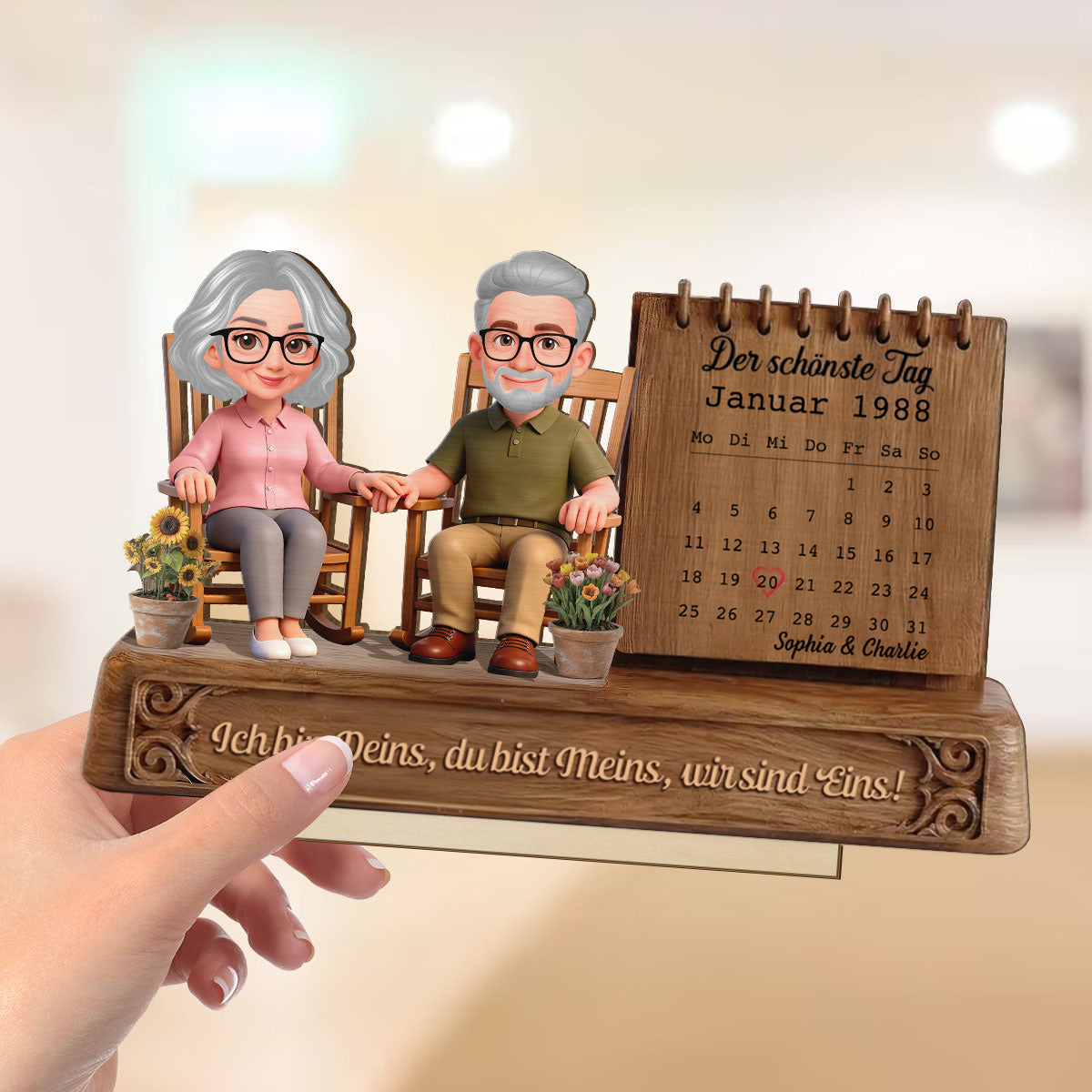 Paar und Kalender - Personalisierter Holzaufsteller mit Spruch und Figuren Jahrestagsgeschenk
