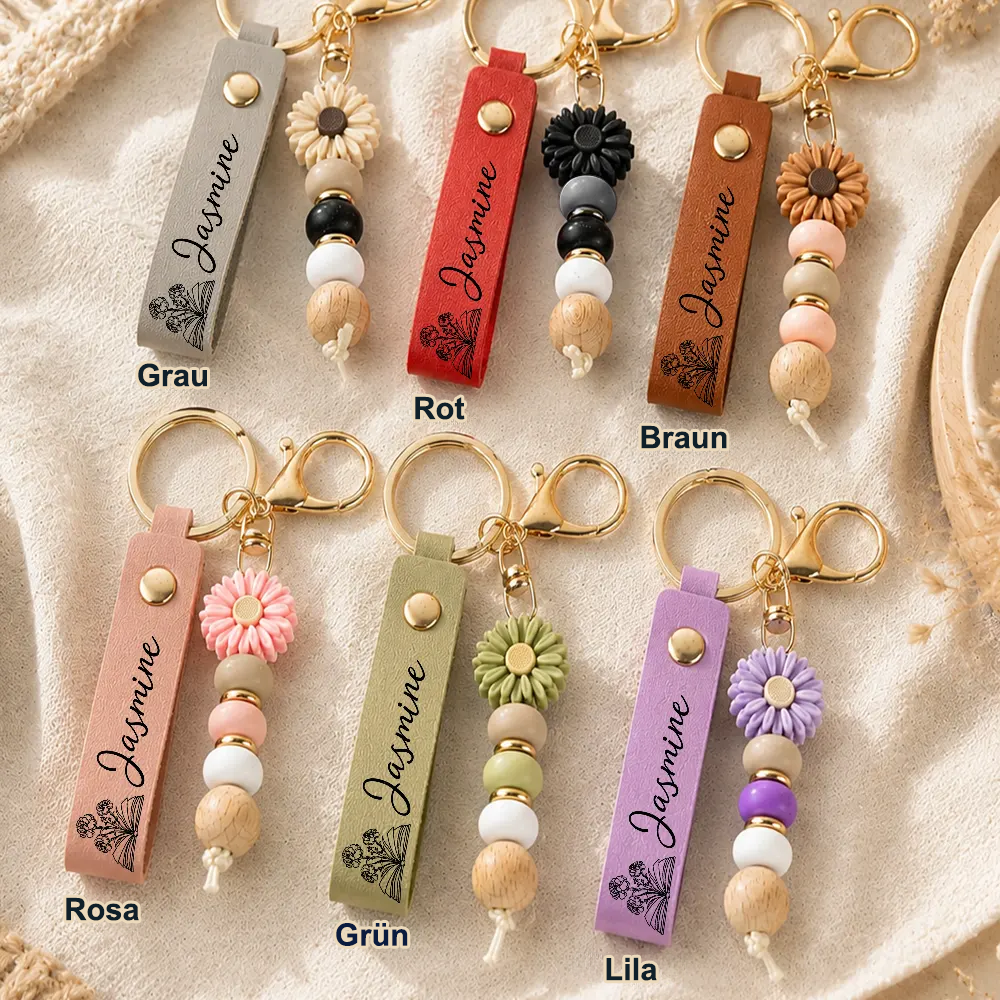 Personalisierter Leder-Schlüsselanhänger mit Geburtsblume und Namen