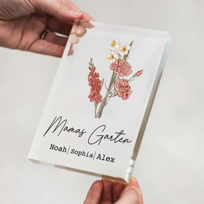 Personalisierter Acrylblock mit Geburtsblumenstrauß, Text und Namen Geschenk für Mama und Oma