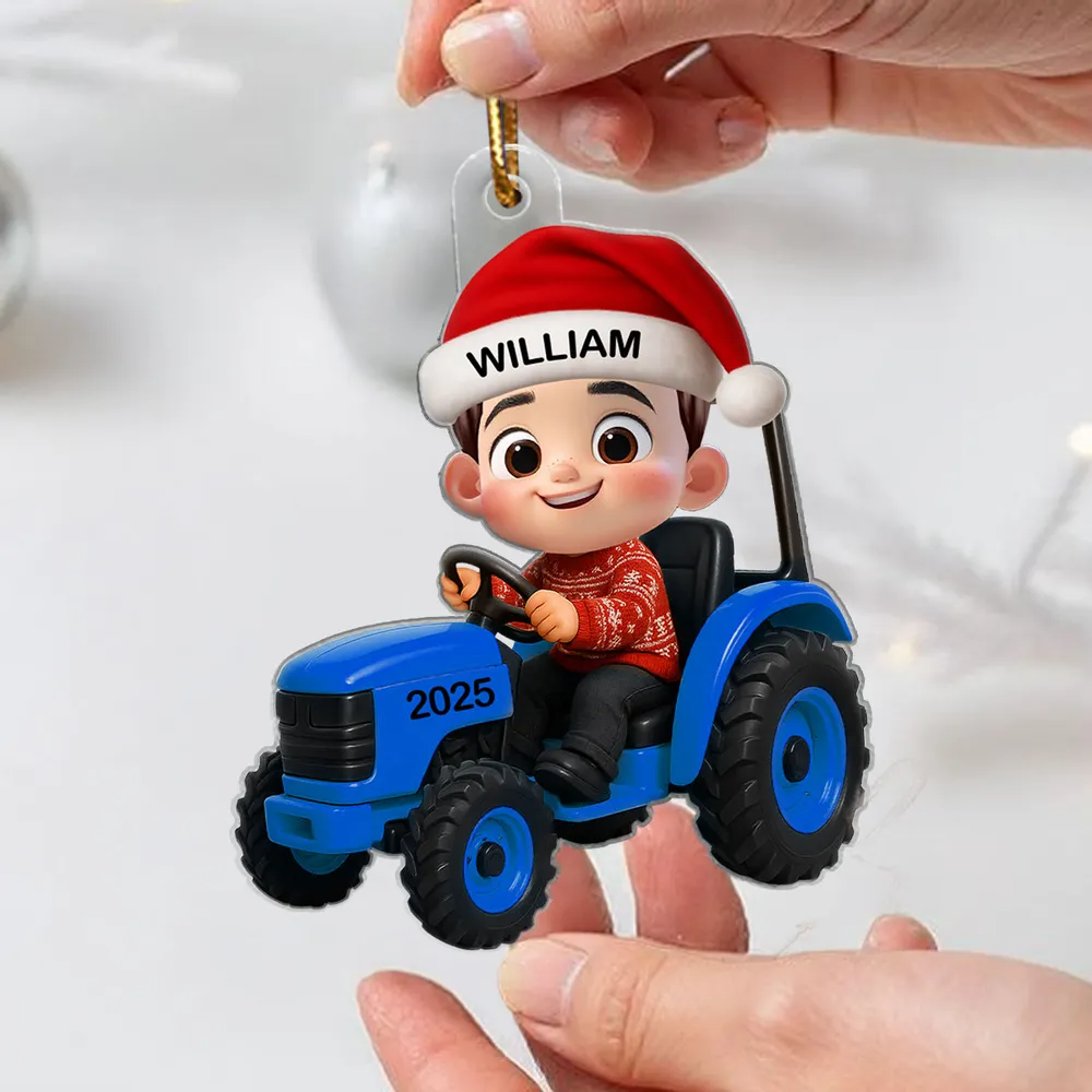 Süßes Kind mit Dinosaurier – Personalisierte Acryl-Weihnachtsanhänger – Lustiges Geschenk für Kinder & Enkel