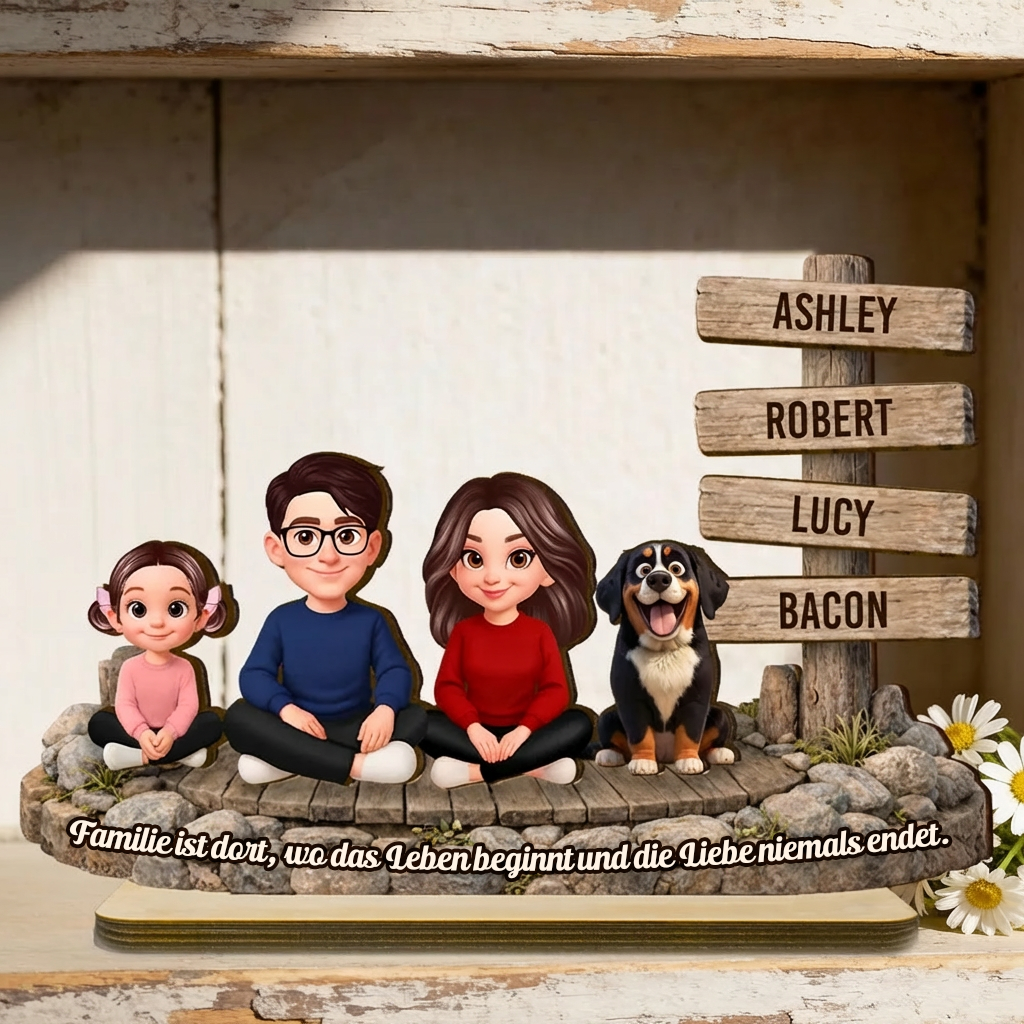 Personalisierter Holzaufsteller mit Familie, Hund und Katze