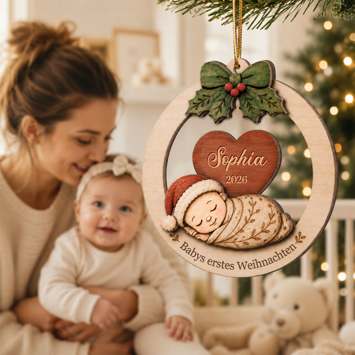 Personalisierter 2-lagiger Holz-Weihnachtsanhänger – Babys erstes Weihnachten