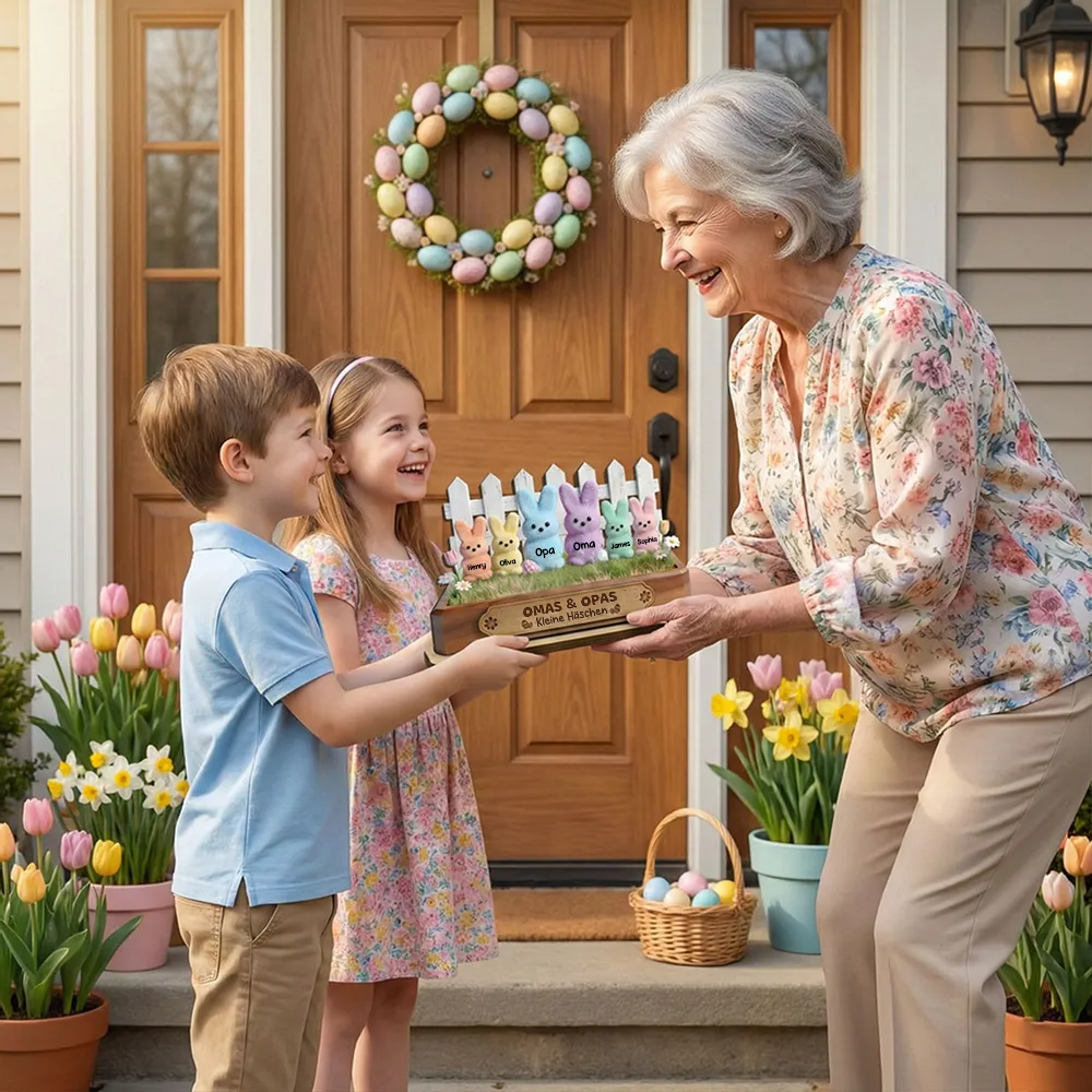 Personalisierter Holzaufsteller mit Hasen Geschenk für Opa und Oma