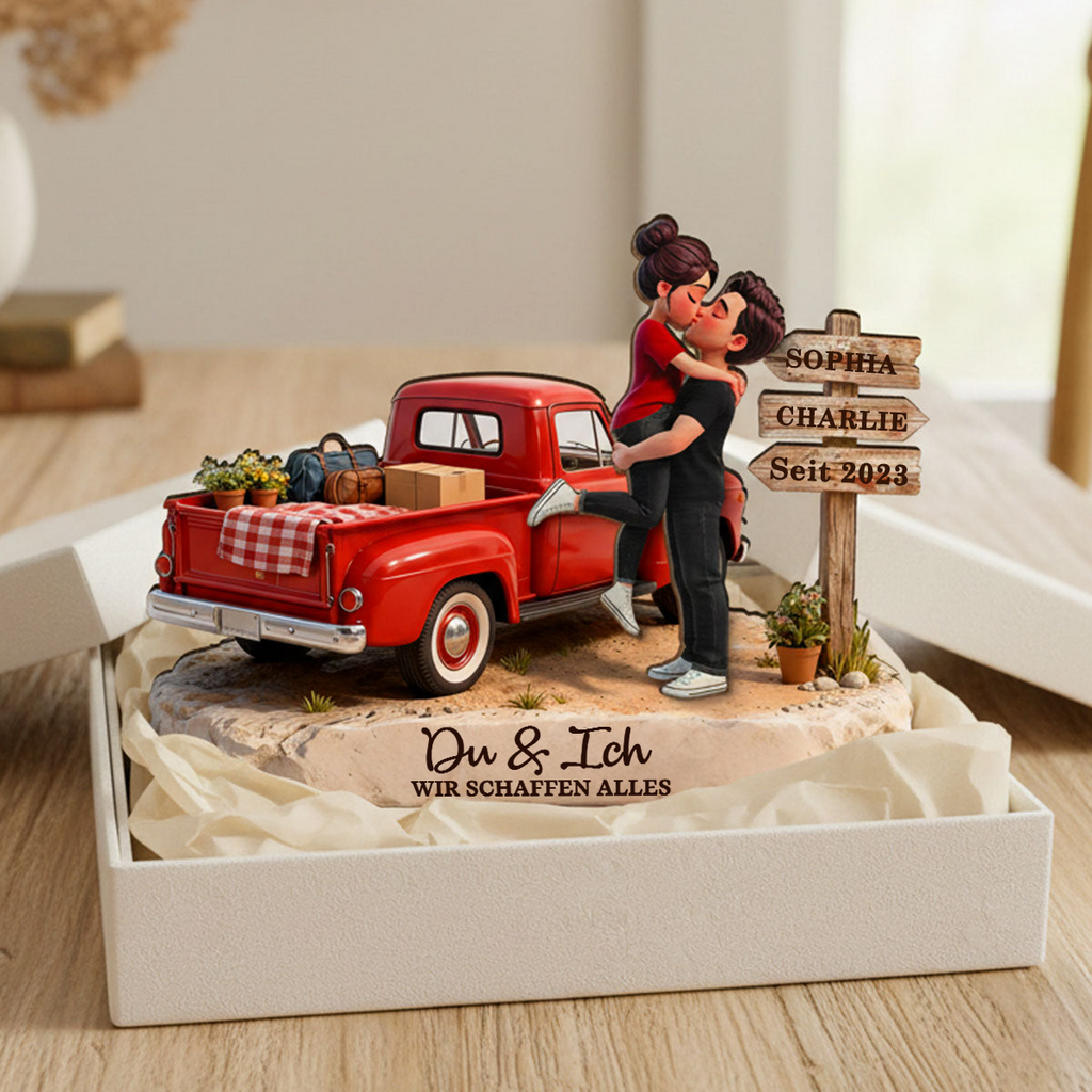 Paar und Wagen - Personalisierter Holzaufsteller mit Figuren und Text