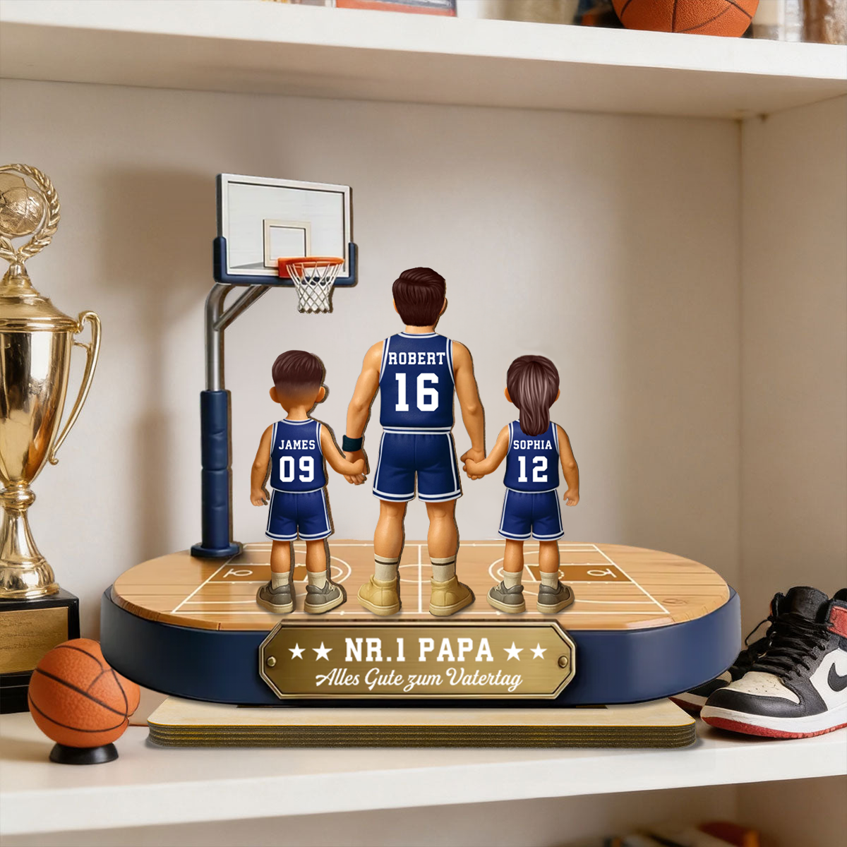 Basketballpapa und Kinder- Personalisierter Holzaufsteller mit Trikots und Text
