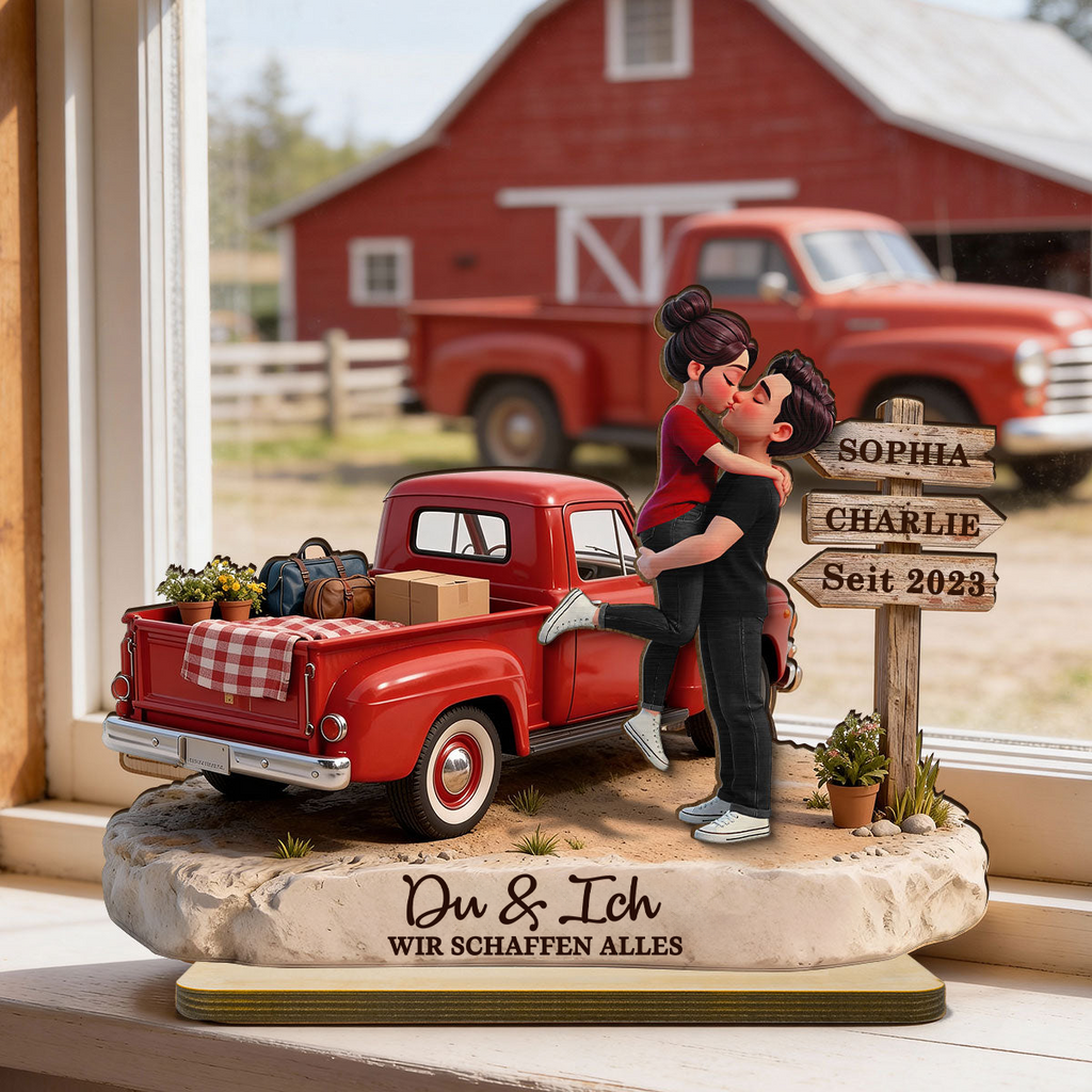 Paar und Wagen - Personalisierter Holzaufsteller mit Figuren und Text