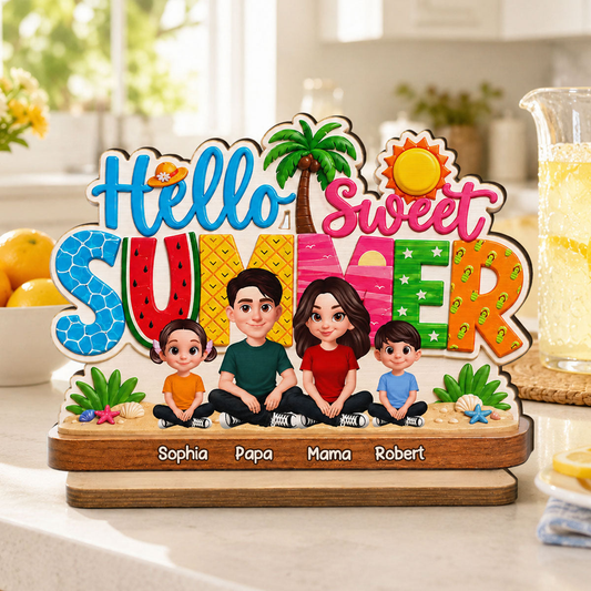 Hello Summer-Personalisierter Holzaufsteller mit Familien im Sommermotiv