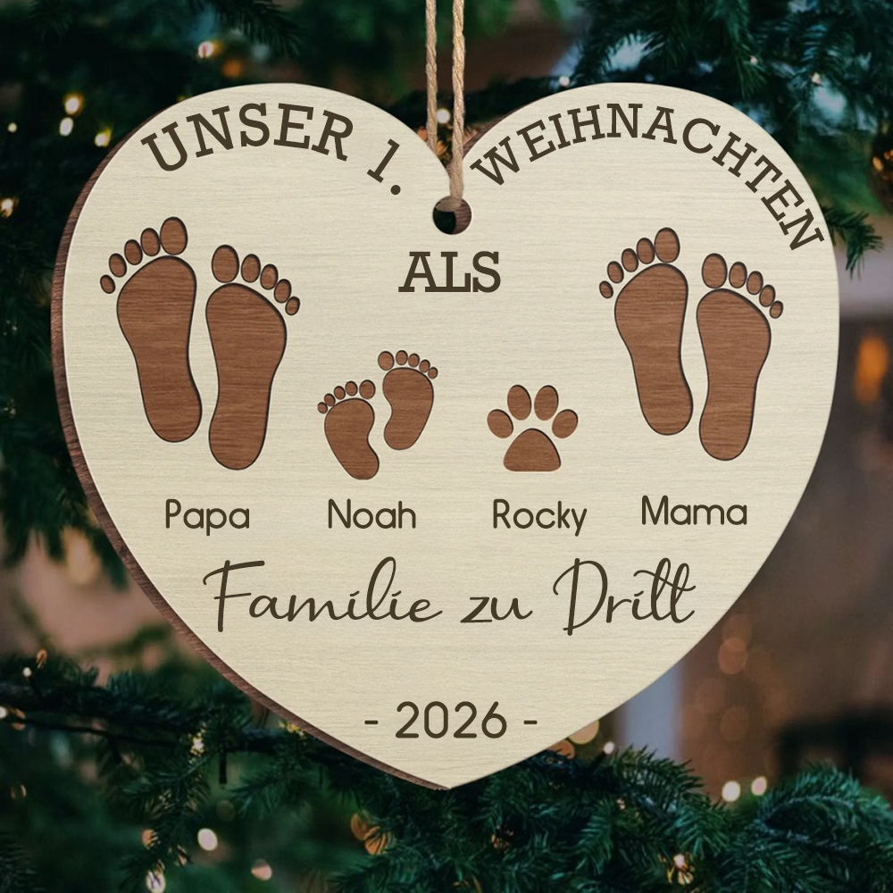 Erstes Weihnachten als Familie zu ... – Personalisiertes Holz-Fußabdruck-Ornament