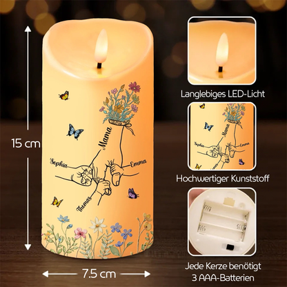 Personalisierte LED-Kerze mit Hand-in-Hand-Motiv Geschenk für Mama und Oma