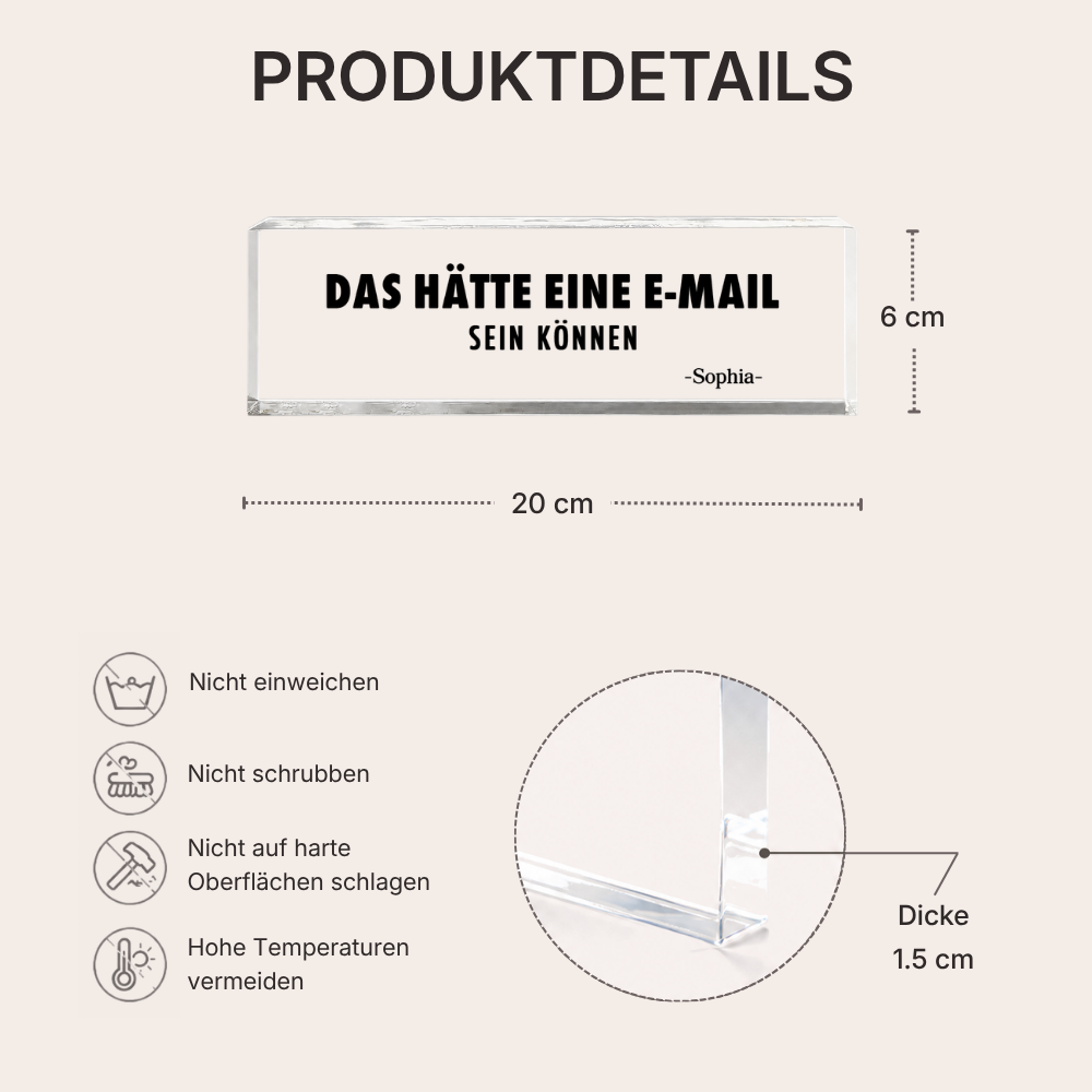 Personalisierter Acrylglasblock mit Spruch und Namen - Lustiges Namensschild fürs Büro