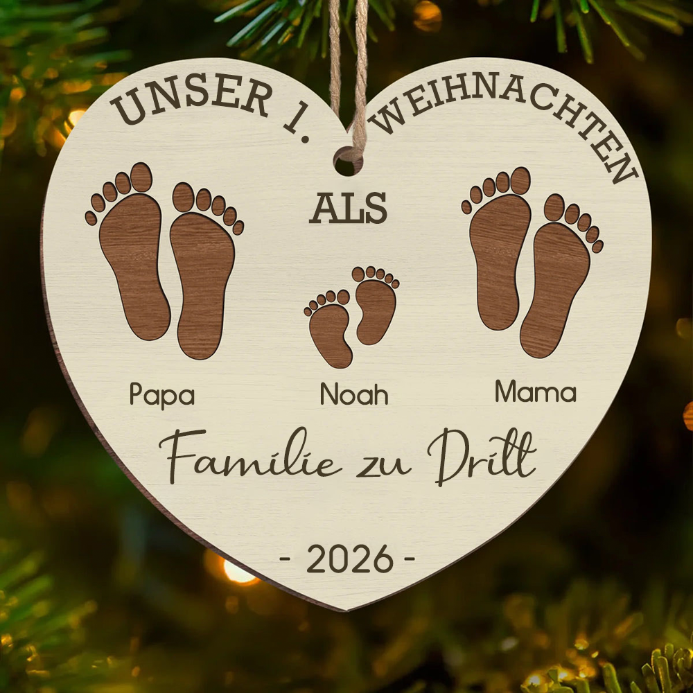 Erstes Weihnachten als Familie zu ... – Personalisiertes Holz-Fußabdruck-Ornament