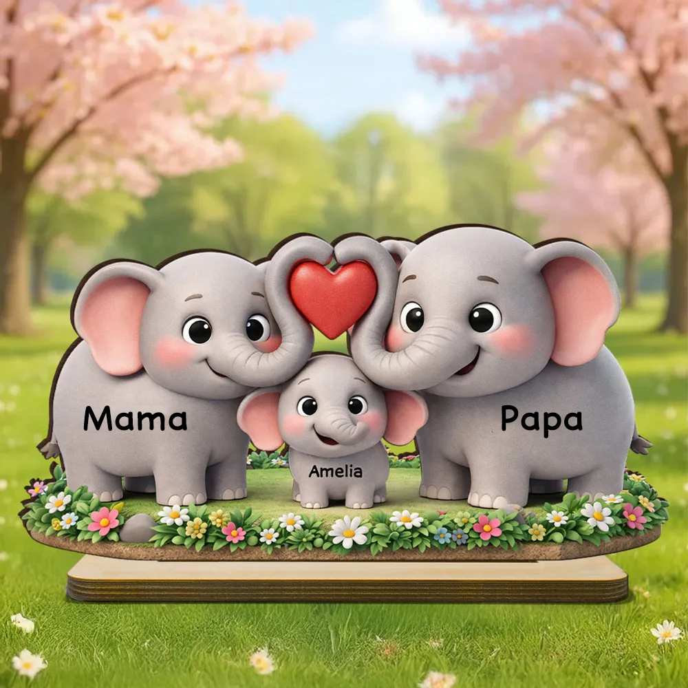 Elefantenfamilie-Personalisierter Holzaufsteller mit Namen Geschenk für Mama und Papa