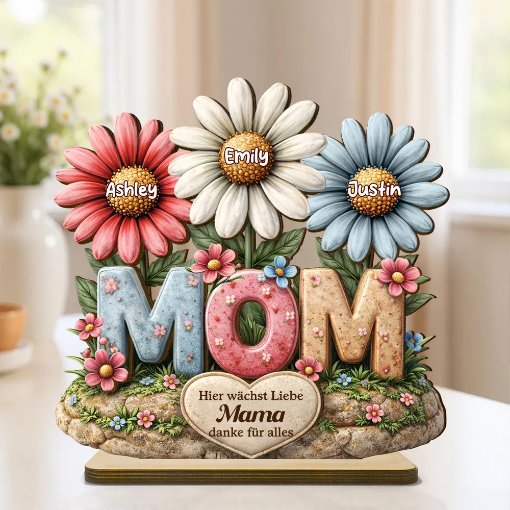 MOM-Personalisierter Holzaufsteller mit Blumen Geschenk für Mama und Oma