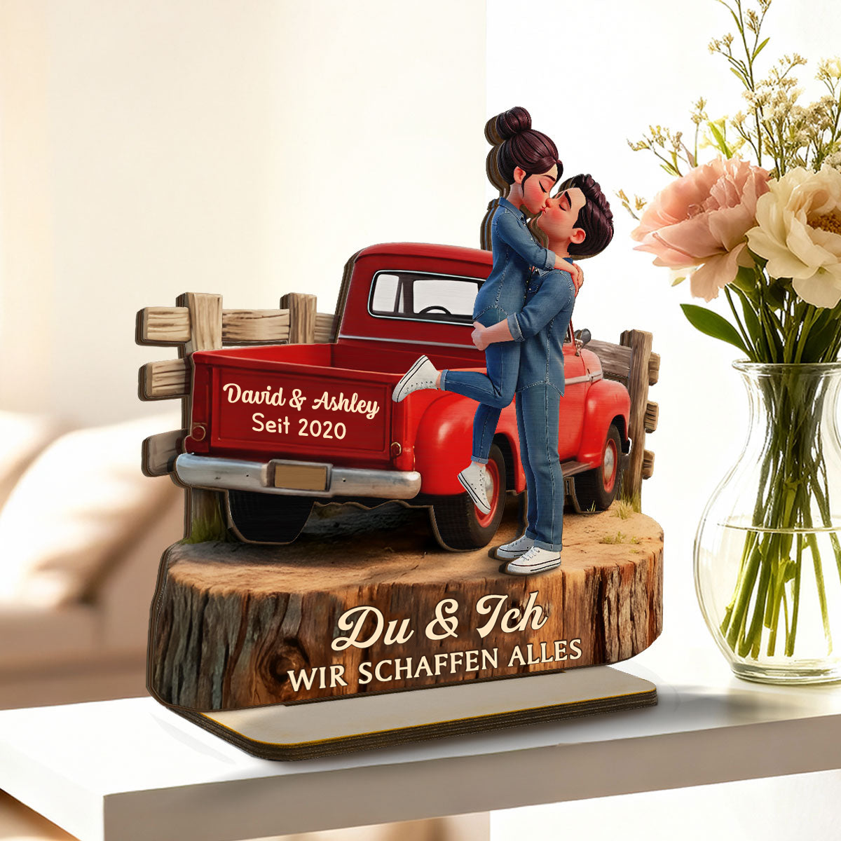 Pick-up-LKW und Paar Personalisierter Holzaufsteller mit Spruch