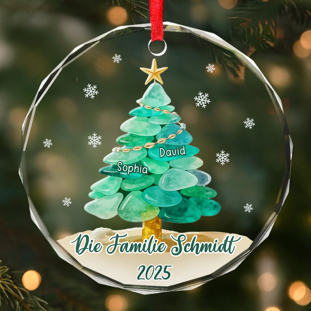Personalisiertes Glasornament mit Meerglasmotiv Christbaumschmuck mit Tannenbaummotiv