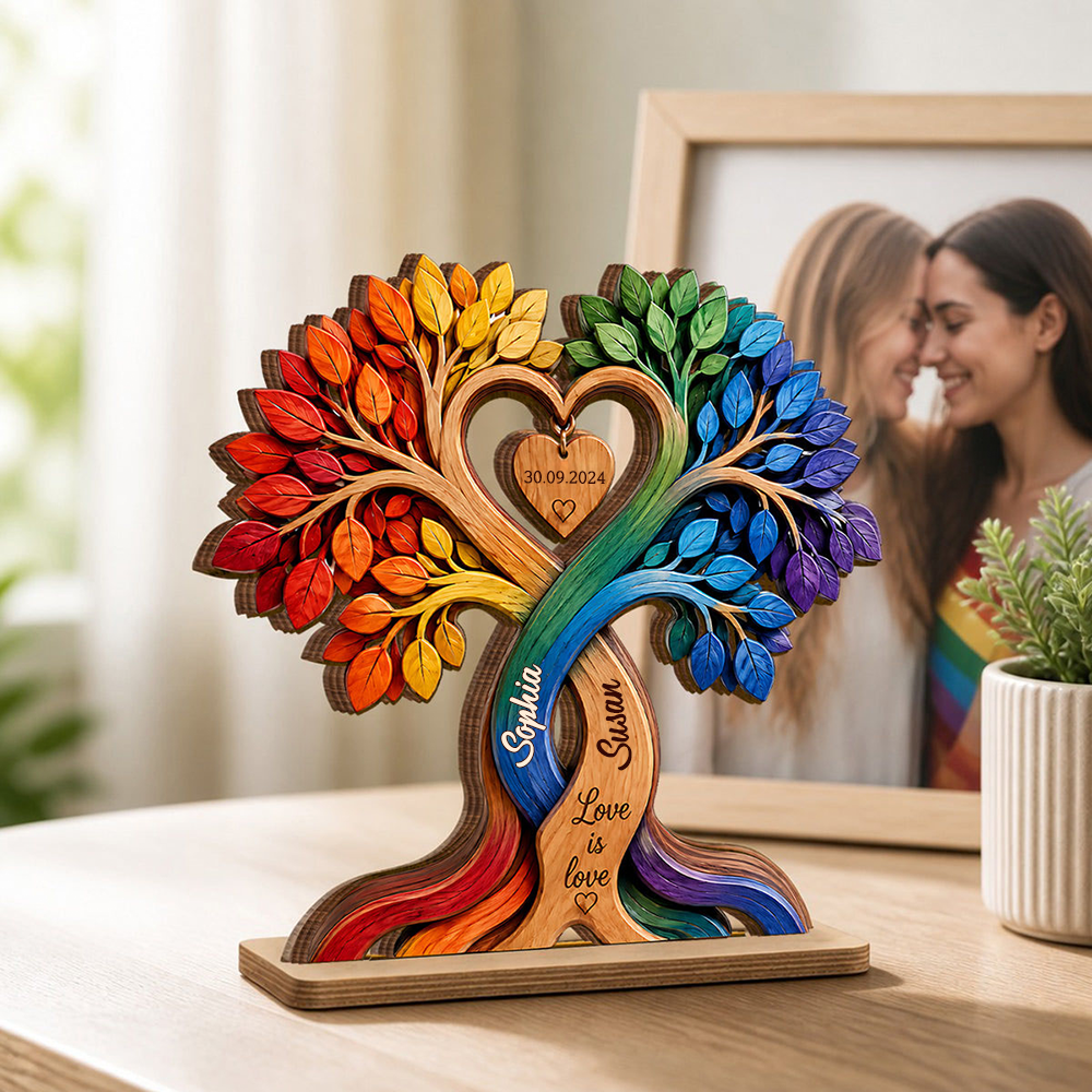 Regenbogen Herzbaum mit Namen und Jahrestag Personalisierter Holzaufsteller für Paar