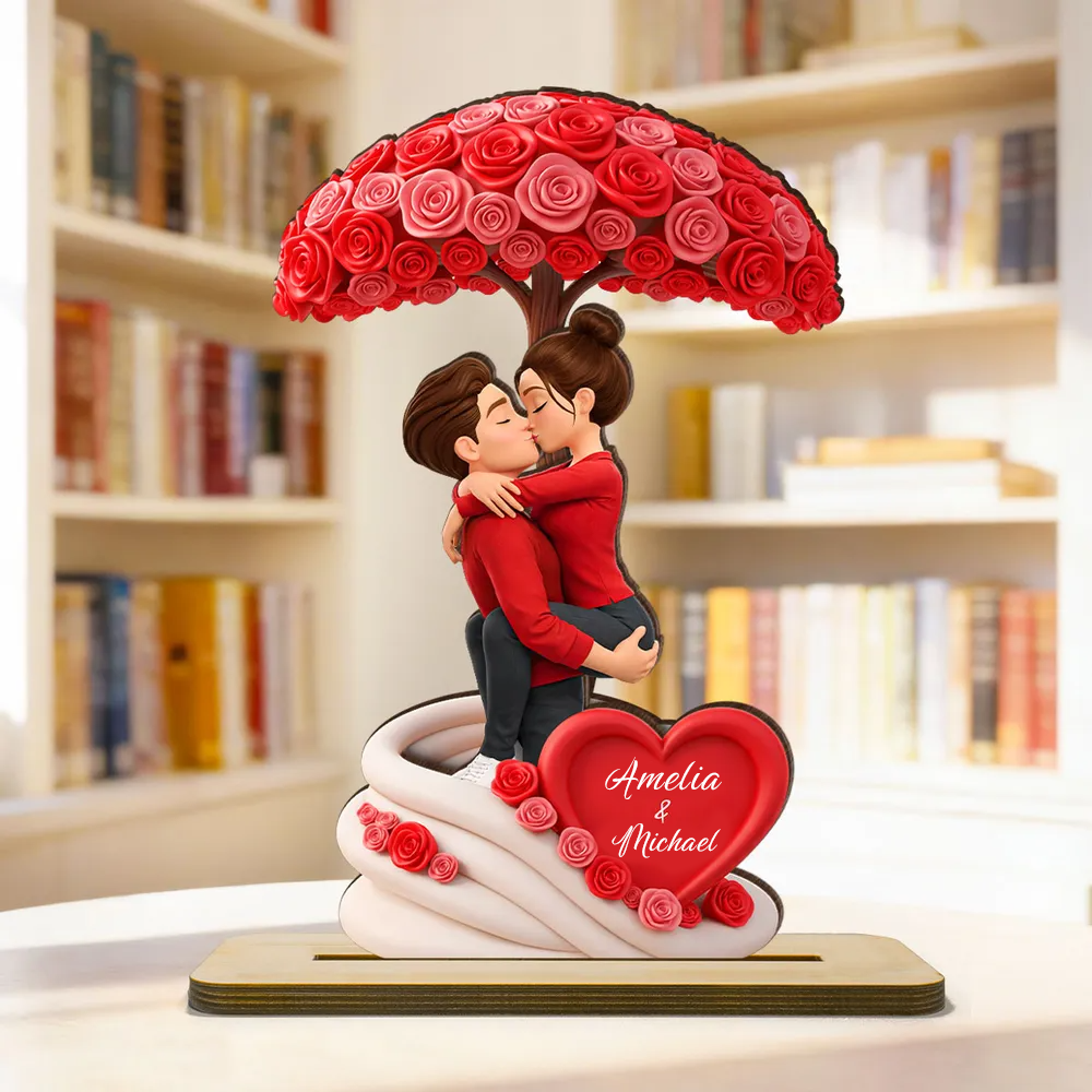 Paar und Rosen-Regenschirm Personalisierter Holzaufsteller mit Figuren und Namen