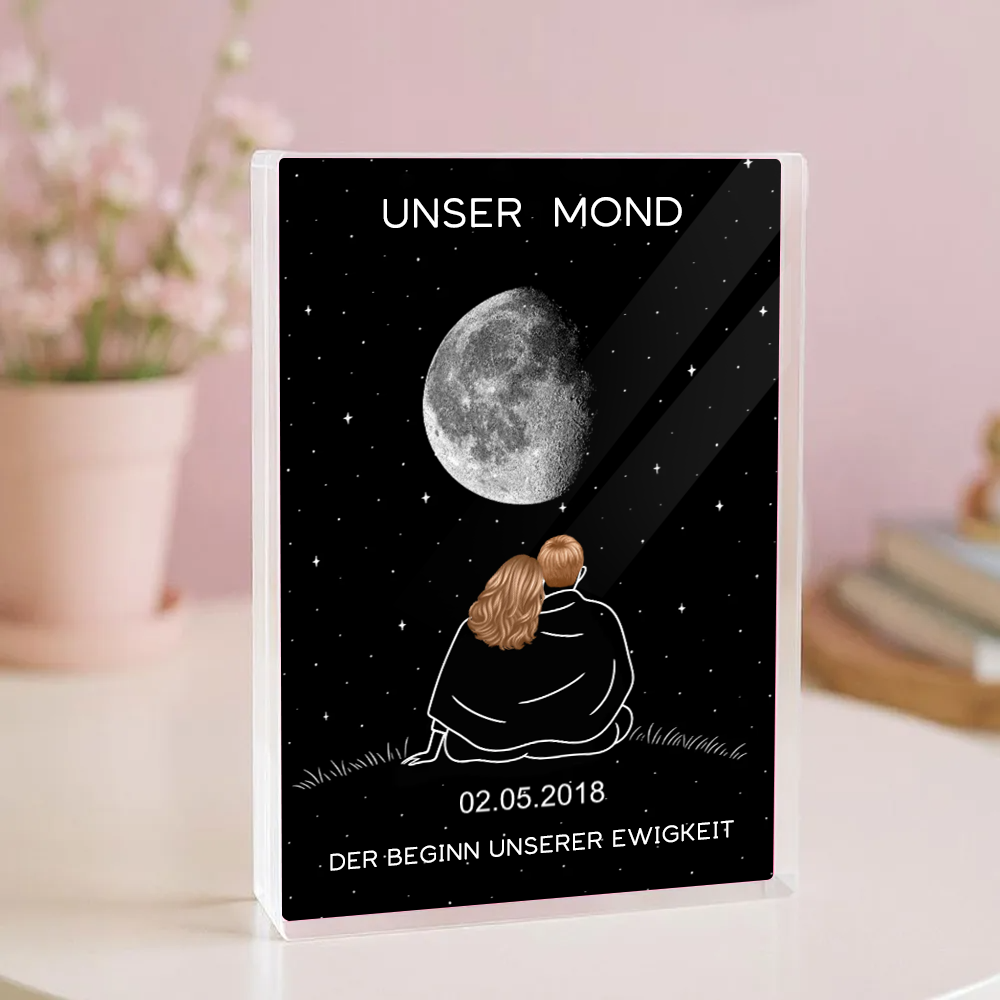 Paar unter dem Mond-Personaliserter Acrylbock mit Mondphase und Namen, Geschenk für Paar