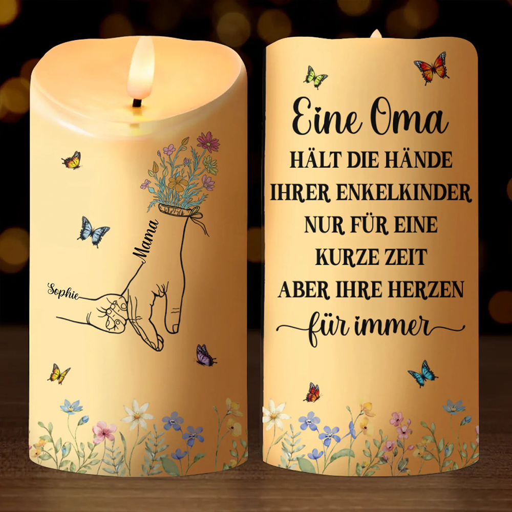 Personalisierte LED-Kerze mit Hand-in-Hand-Motiv Geschenk für Mama und Oma