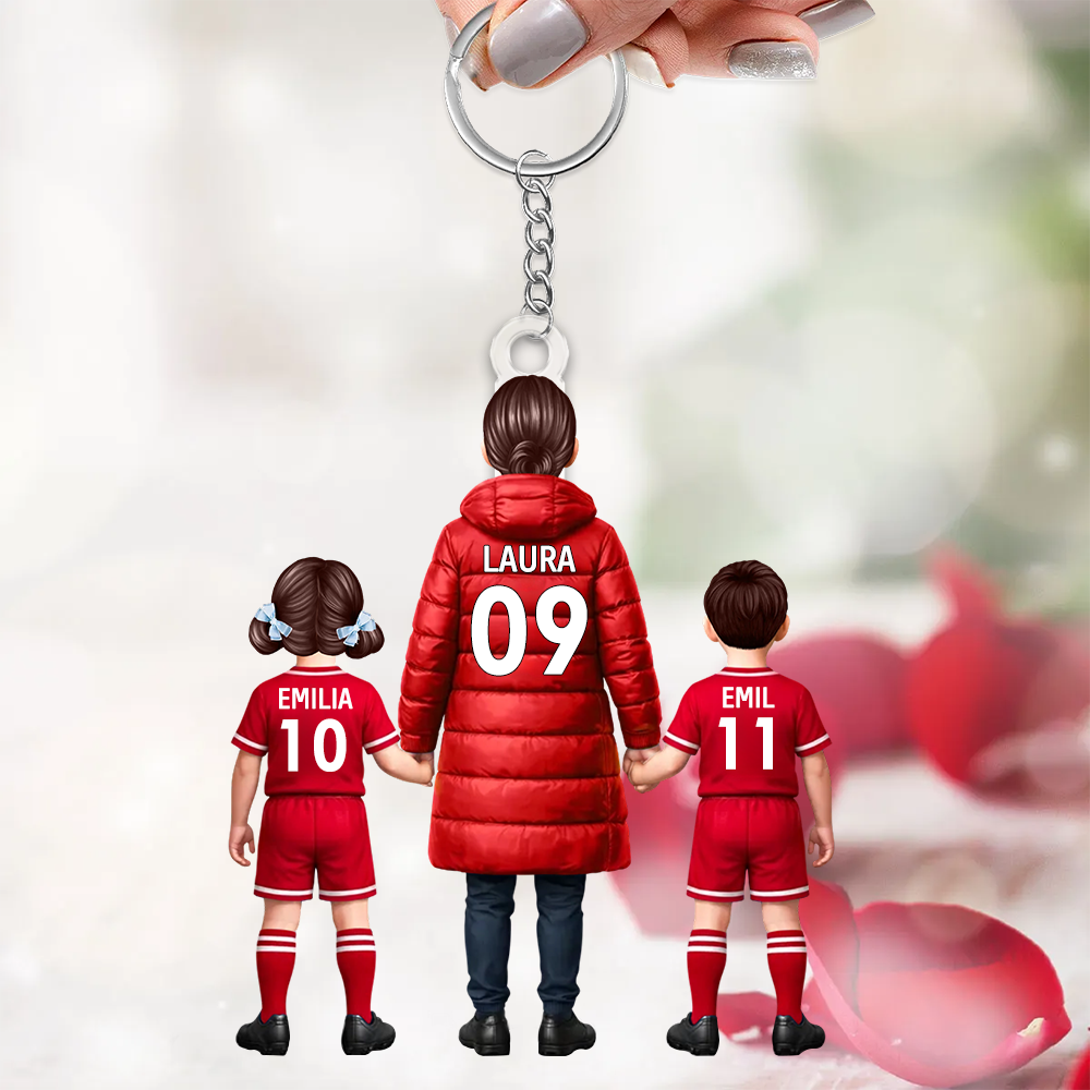 Fußballmama und Kinder- Acrylschlüsselanhänger mit Trikots und Namen