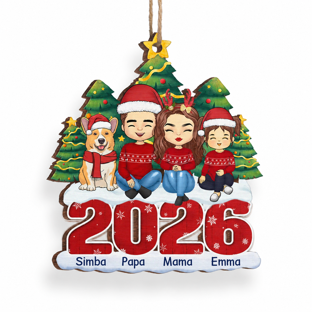 2025 Familie- Personalisierter Holzanhänger Christbaumschmuck mit Eltern, Kinder, Hund und Katze