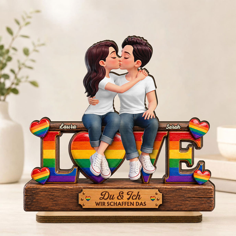 LOVE-Holzaufsteller mit Regenbogenmotiv Personalisiertes Geschenk für LGBT Paar