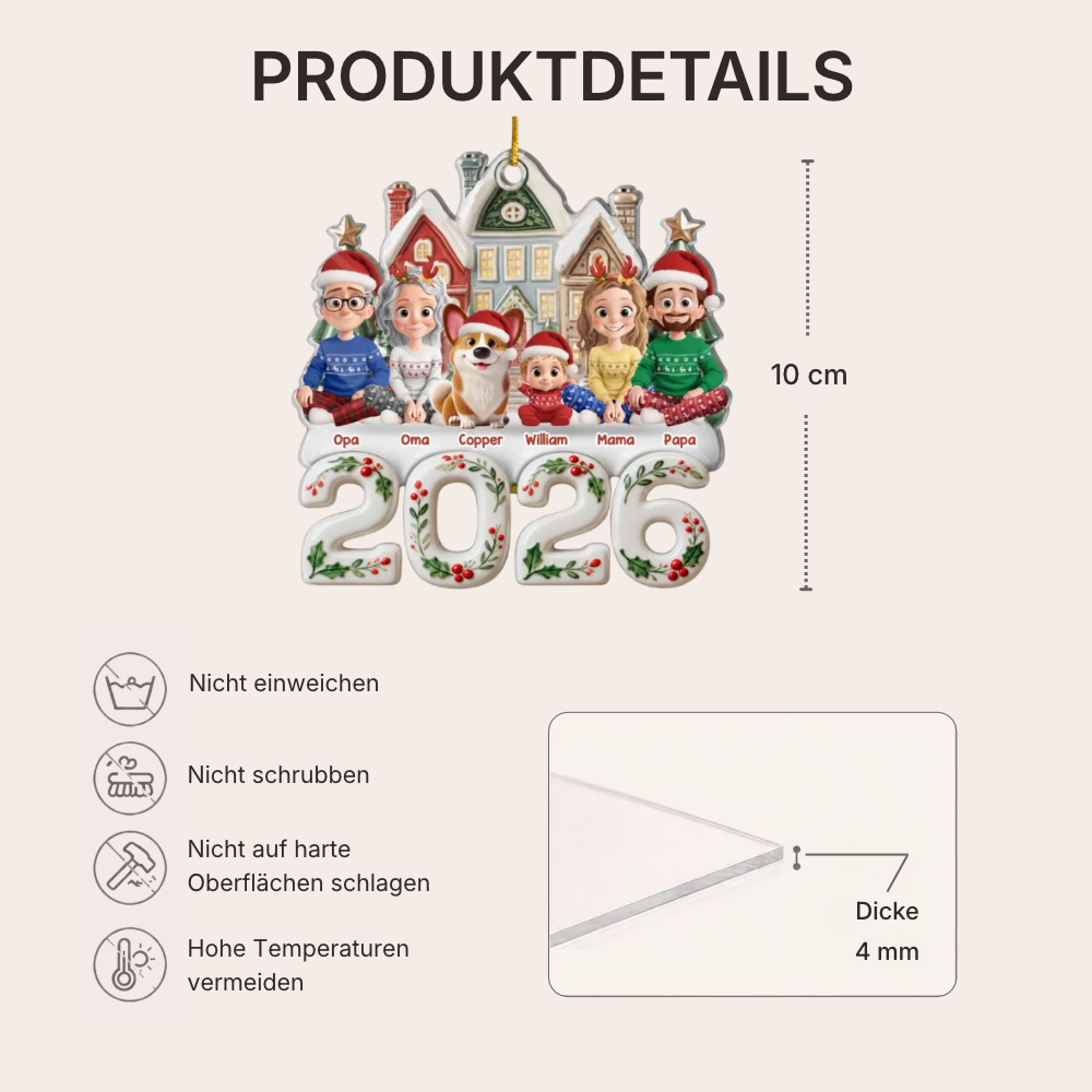 Personalisierter Acrylanhänger 2025 Christbaumschmuck mit Familie, Hund und Katze