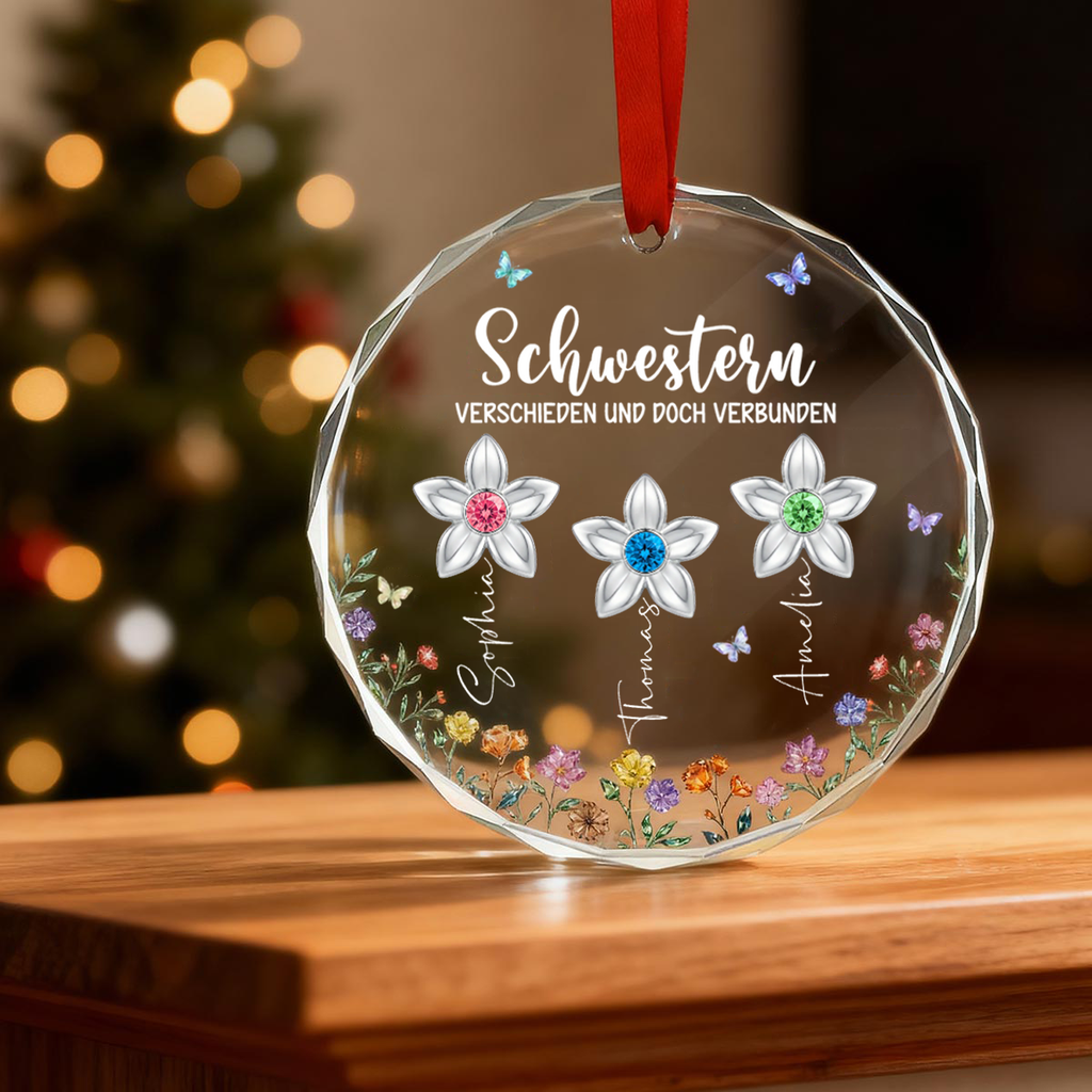Personalisierter Glas-Weihnachtsanhänger mit Blumen – für Schwester, Freunde, Oma & Mama