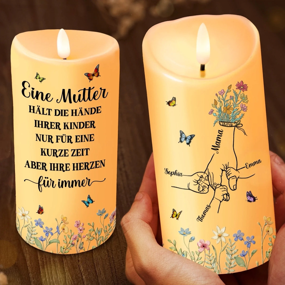 Personalisierte LED-Kerze mit Hand-in-Hand-Motiv Geschenk für Mama und Oma