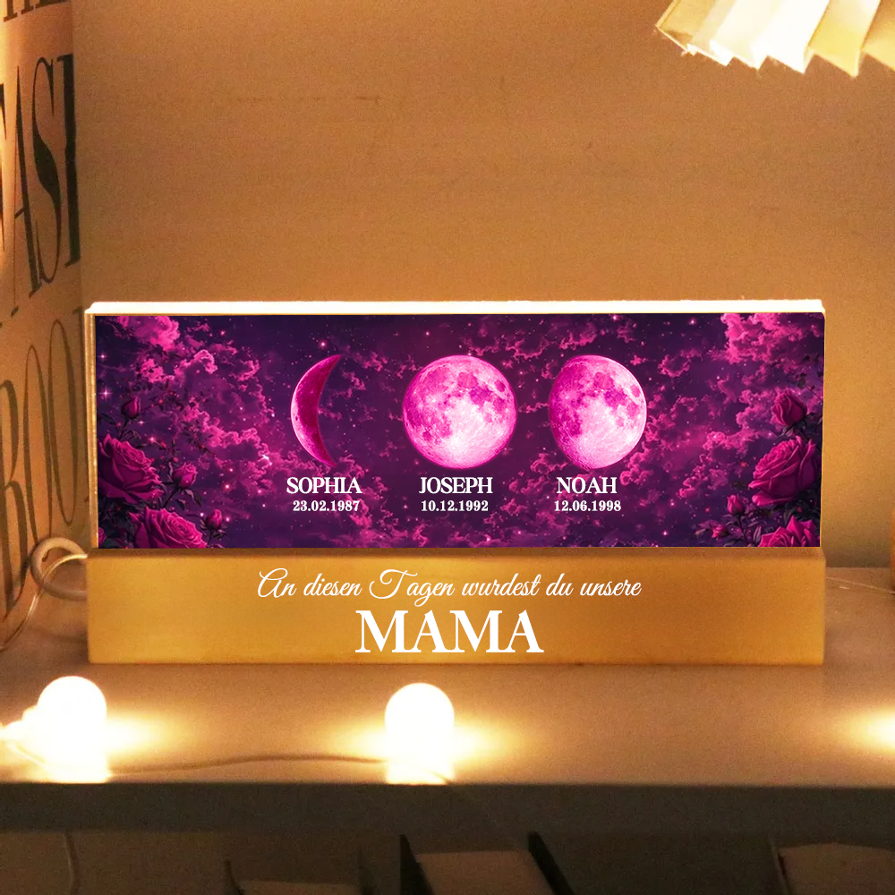 "An diesen Tagen wurdest du unsere Mama" Personalisiertes LED-Nachtlicht mit Mondphasen und Text