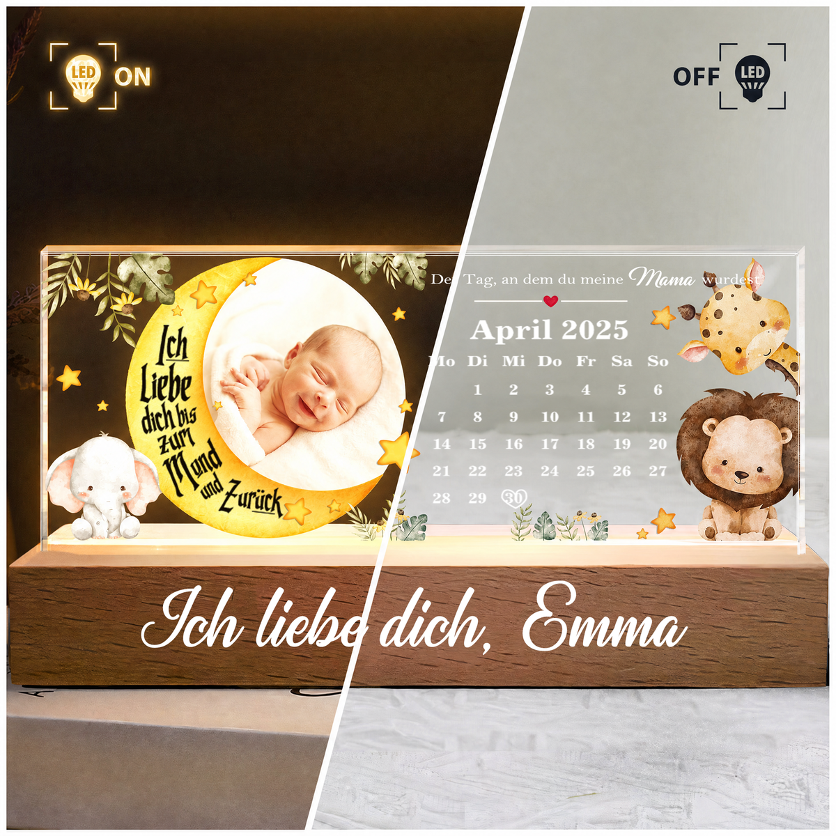 Baby auf dem Mond - Personalisiertes LED Lampe mit Foto und Kalender