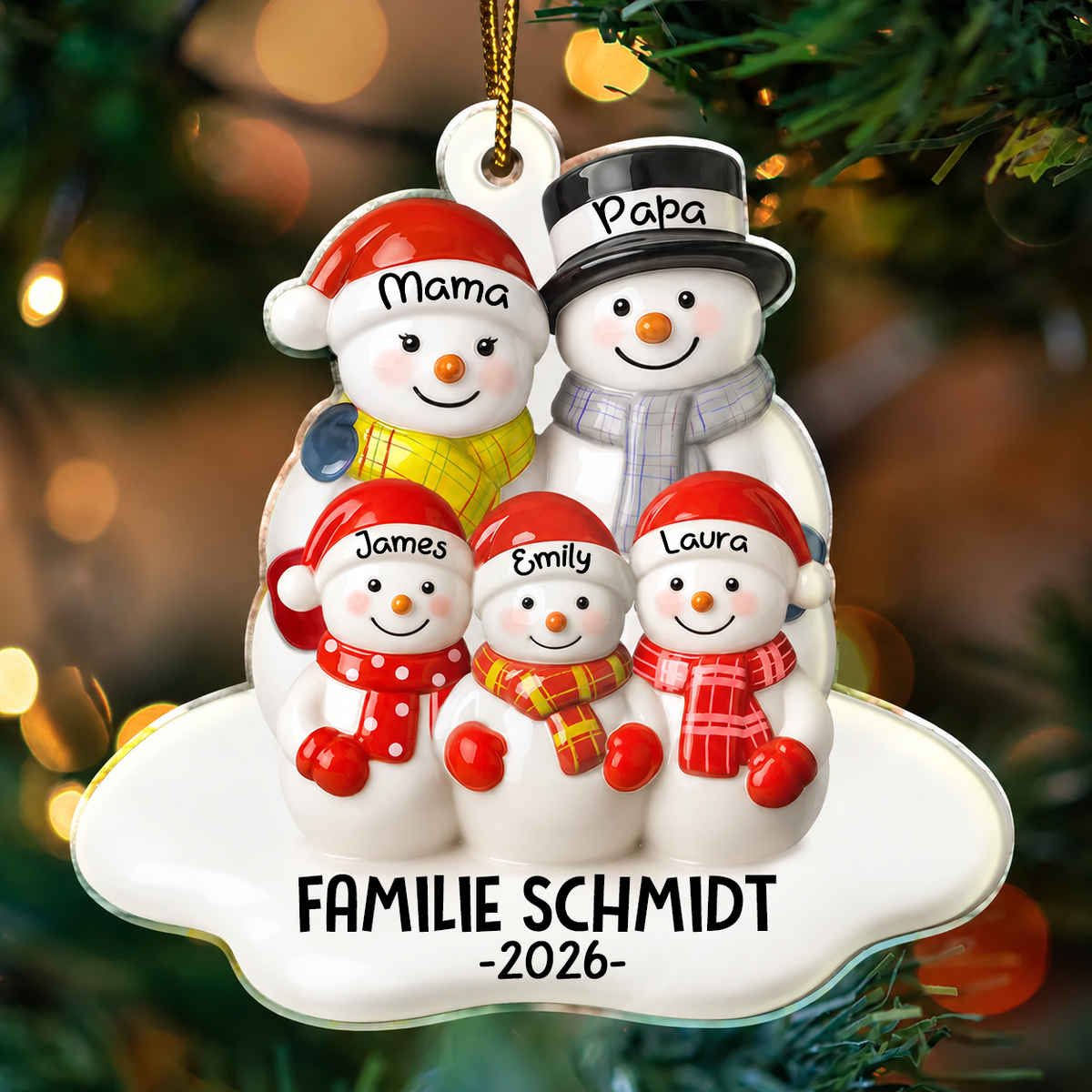 Personalisierter Acryl-Weihnachtsanhänger mit Namen – Schneemannfamilie