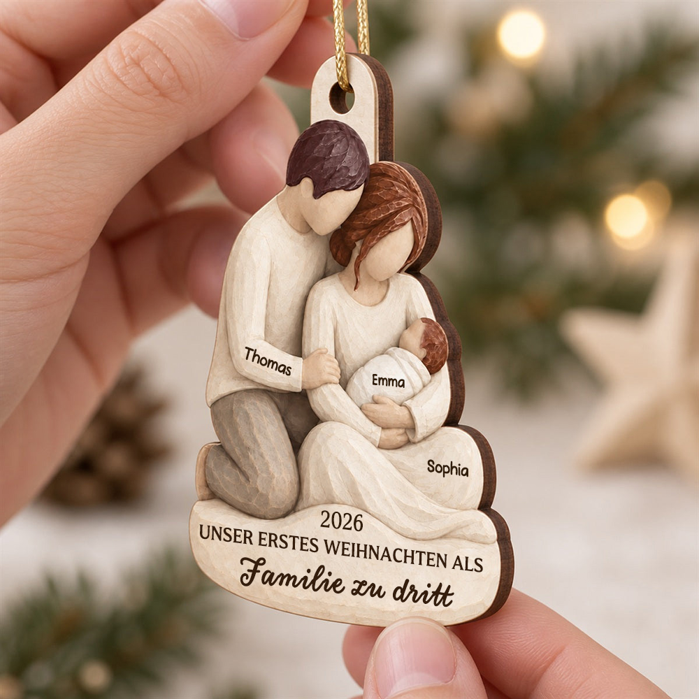 Personalisierter Holz-Weihnachtsanhänger – Unser erstes Weihnachten als Familie zu dritt