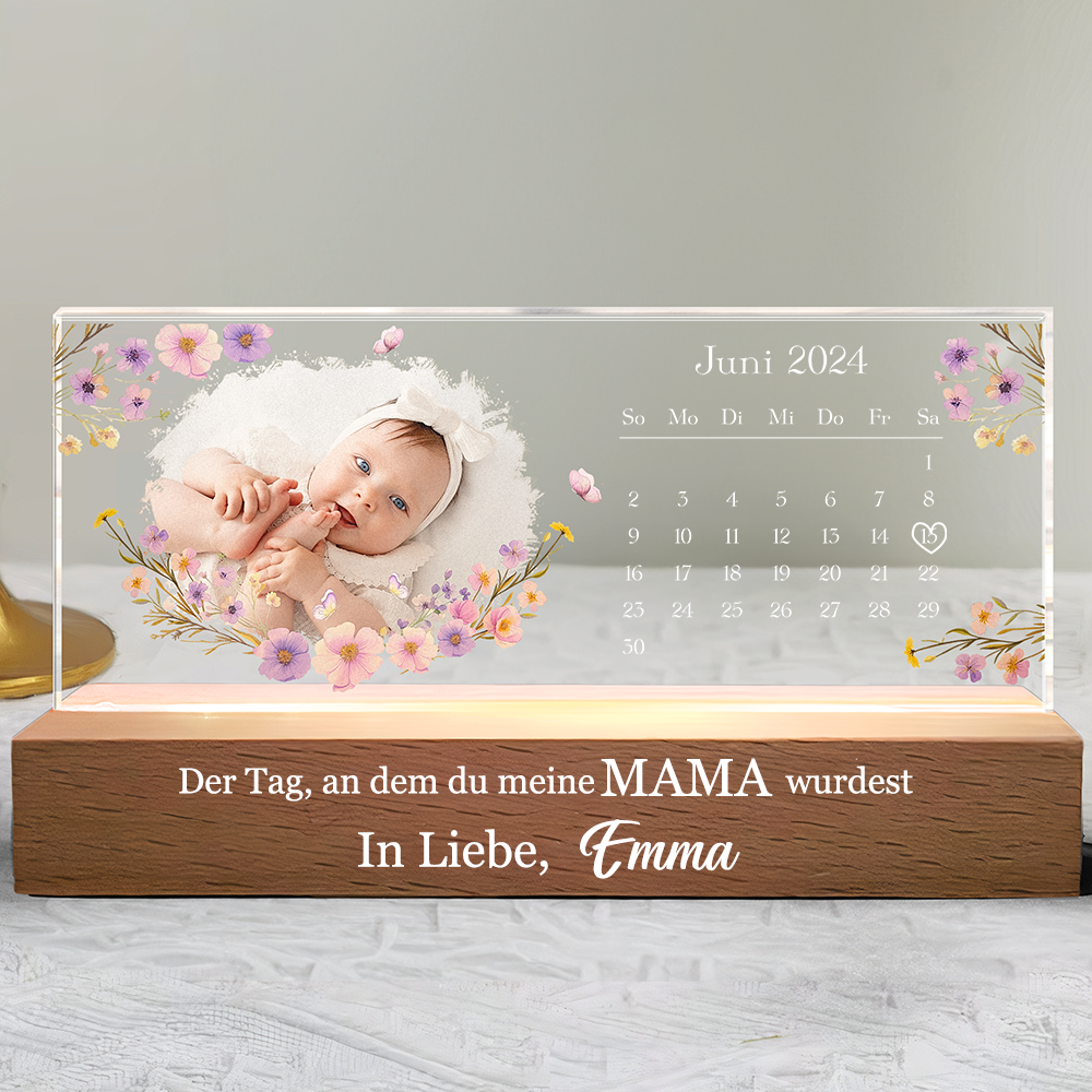 "Der Tag..." Personalisiertes LED-Nactlicht mit Foto und Kalendar Geschenk für Mama, Papa, Oma und Opa