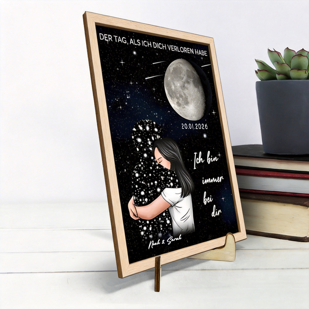 Personalisierter Holzaufsteller mit Mondphase zum liebevollen Gedenken Trauergeschenk