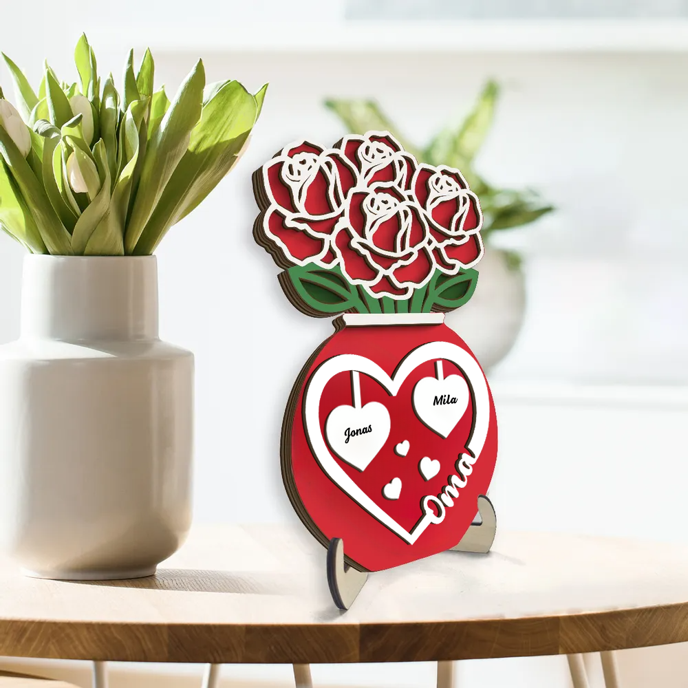 Rosenstrauß in Vase Personalisierter 2-Schicht-Holzaufsteller für Mama und Oma